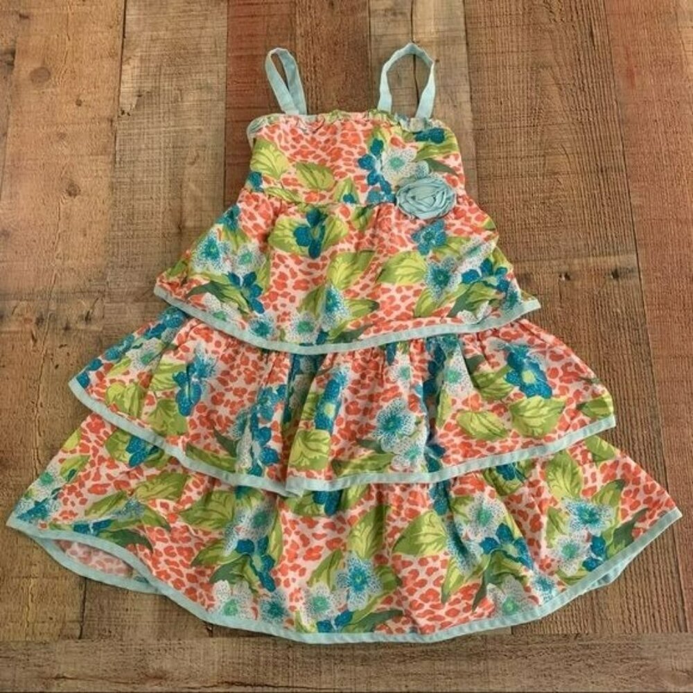 Penelope Mack girls sz 6 tank top ruffle tiered dress leopard print blue floral